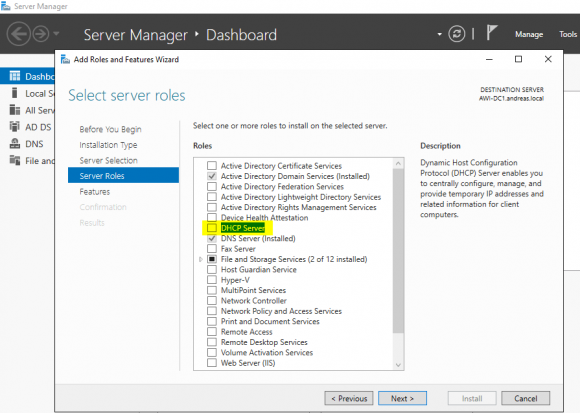 Hinzufügen der DHCP-Server-Rolle über den Server Manager